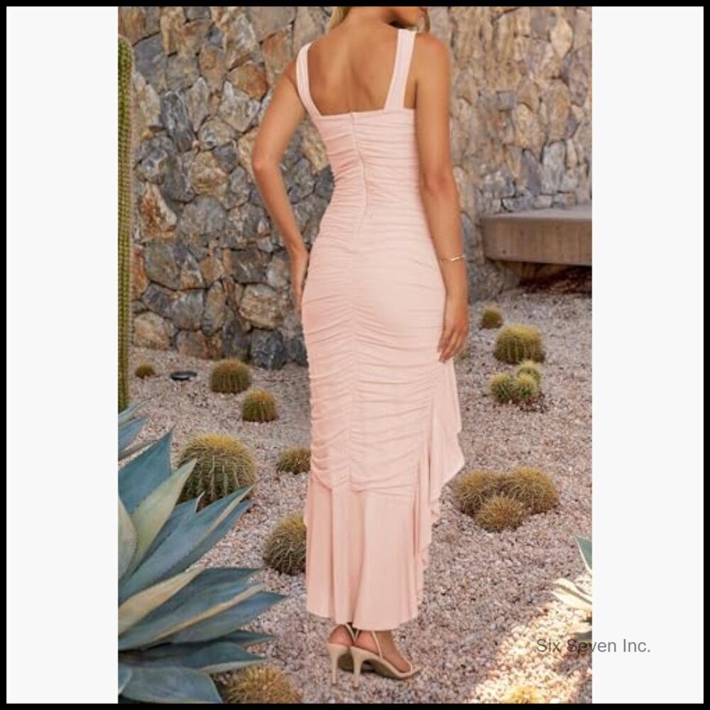 Ruched Bodycon Dress Sleeveless Backless Ruffle Mermaid Cocktail - Picture 2 of 7
